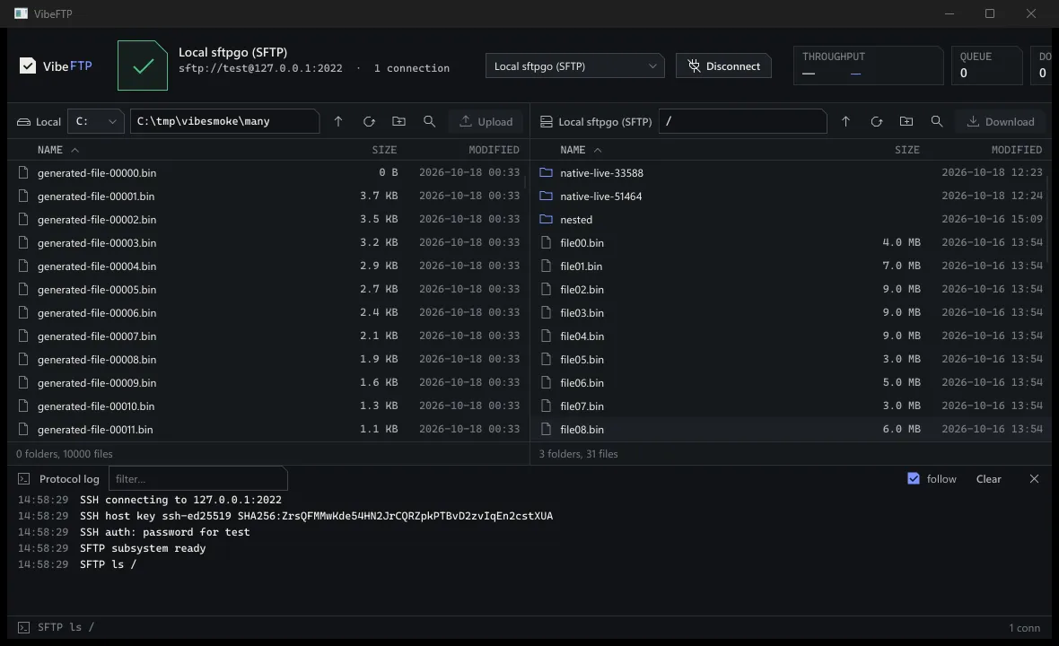VibeFTP connected to an SFTP server: local files on the left, server files on the right, the protocol log below.